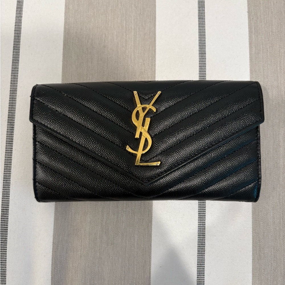 Yves Saint Laurent Chevron Black Clutch with Gold Logo